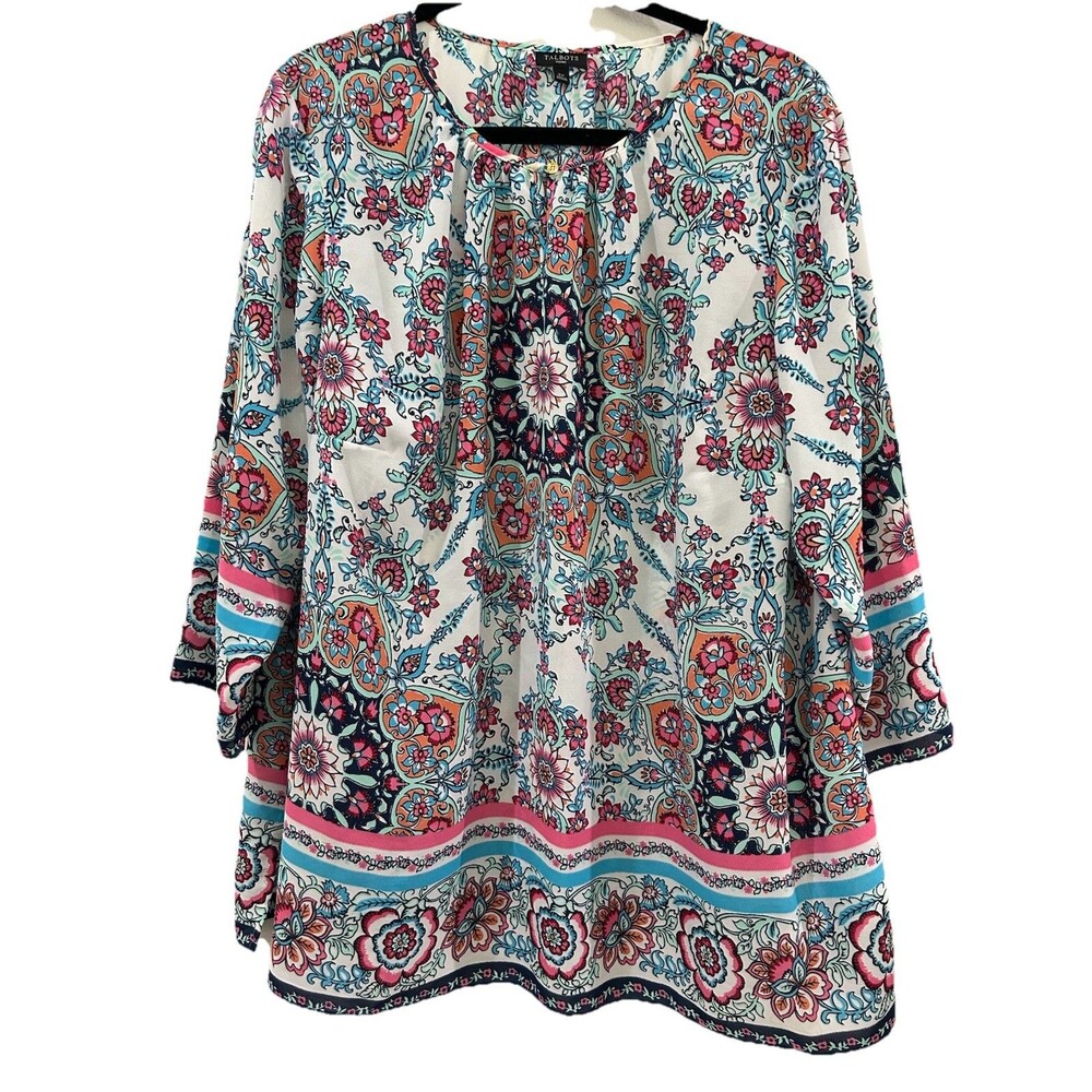 Talbots Womens Plus Size 2X Top Multi Color Floral Print 3/4 Sleeves Boho